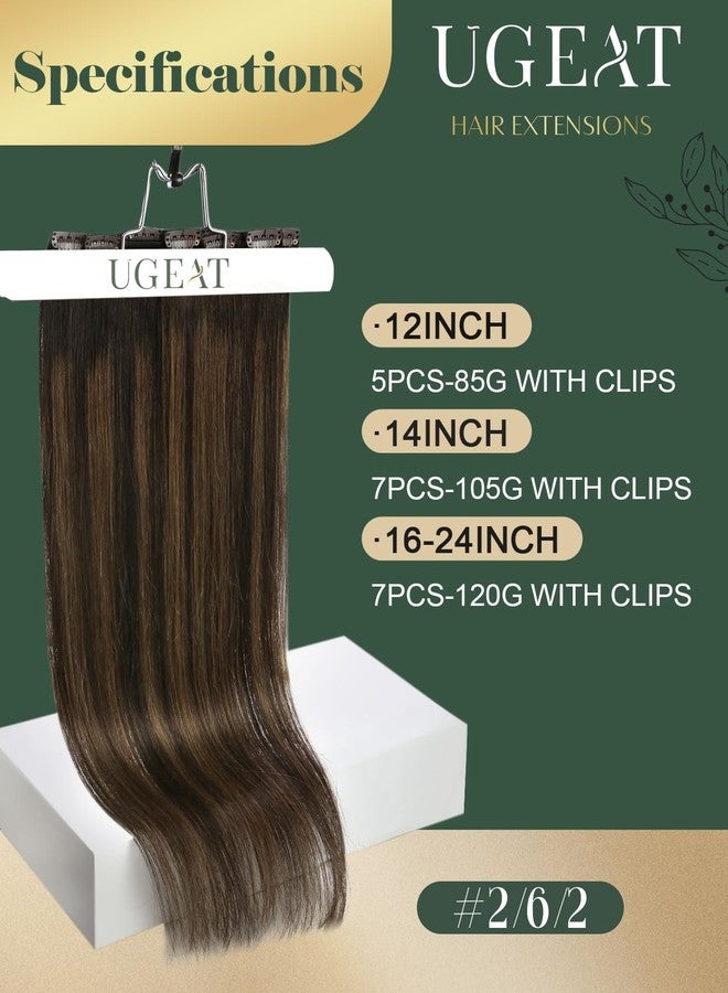 Ugeat Clip in Extensions Real Human Hair Balayage Dark Brown Short Hair Extensions Clip ins Medium Brown Ombre Clip on Hair Extensions for Women 12 Inch 5Pcs 85G 2/6/2 - Image 2